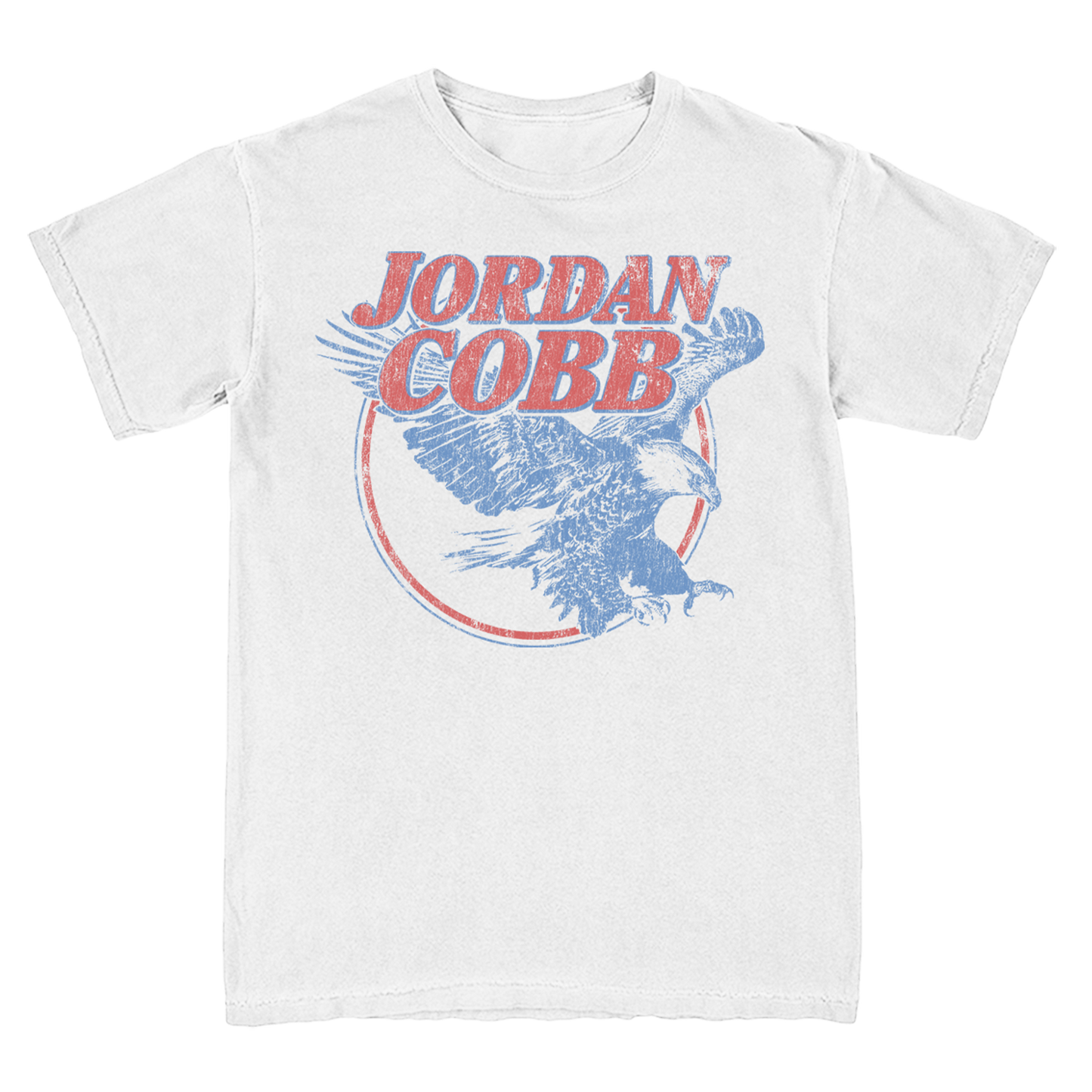 A white short-sleeve t-shirt featuring a distressed graphic print of an eagle and the text 'JORDAN COBB' in red and blue.